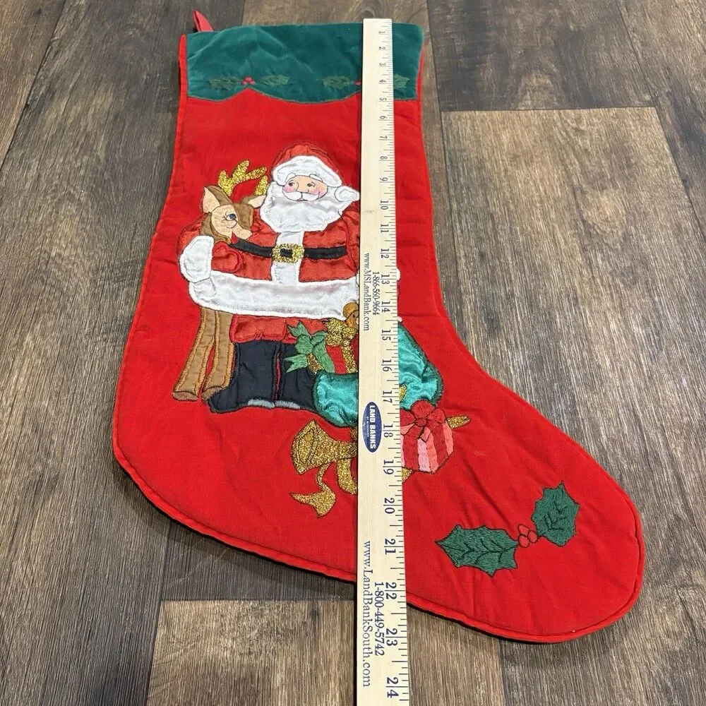 L'art de Chine Embroidered Santa Reindeer Christmas Stocking Red Green 23